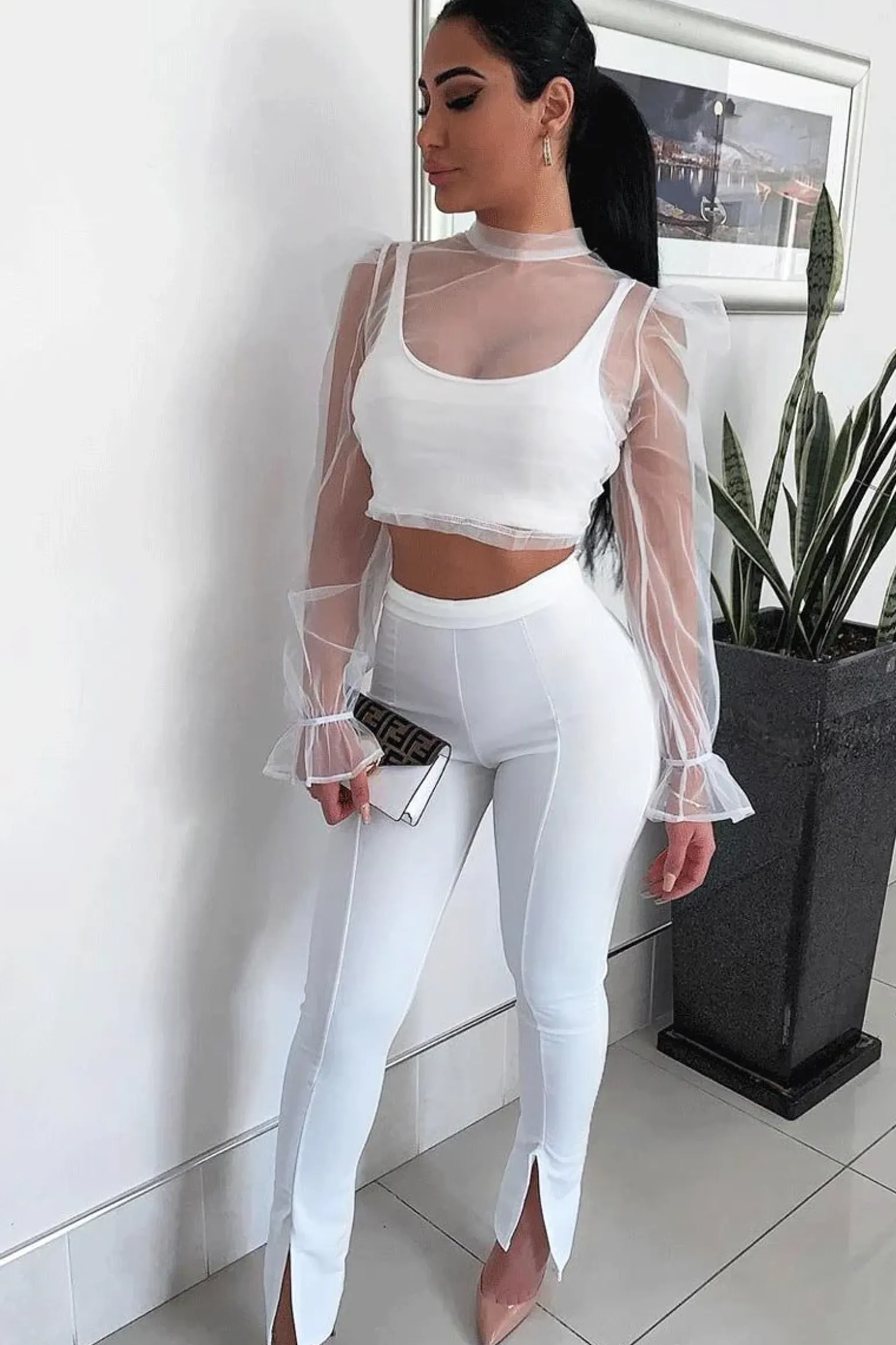 Rebellious Fashion White Split Front Flared Trousers - Florie