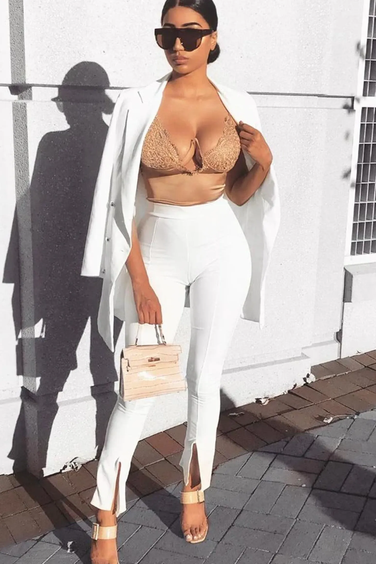 Rebellious Fashion White Split Front Flared Trousers - Florie