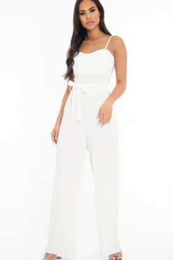 Rebellious Fashion White Strapless Belted Pleated Wide Leg Jumpsuit - Jasmine