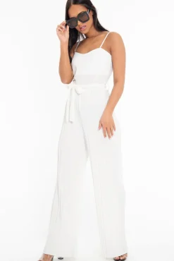 Rebellious Fashion White Strapless Belted Pleated Wide Leg Jumpsuit - Jasmine