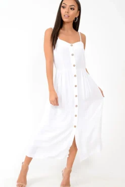Rebellious Fashion White Strappy Button Down Midi Dress - Shaelee