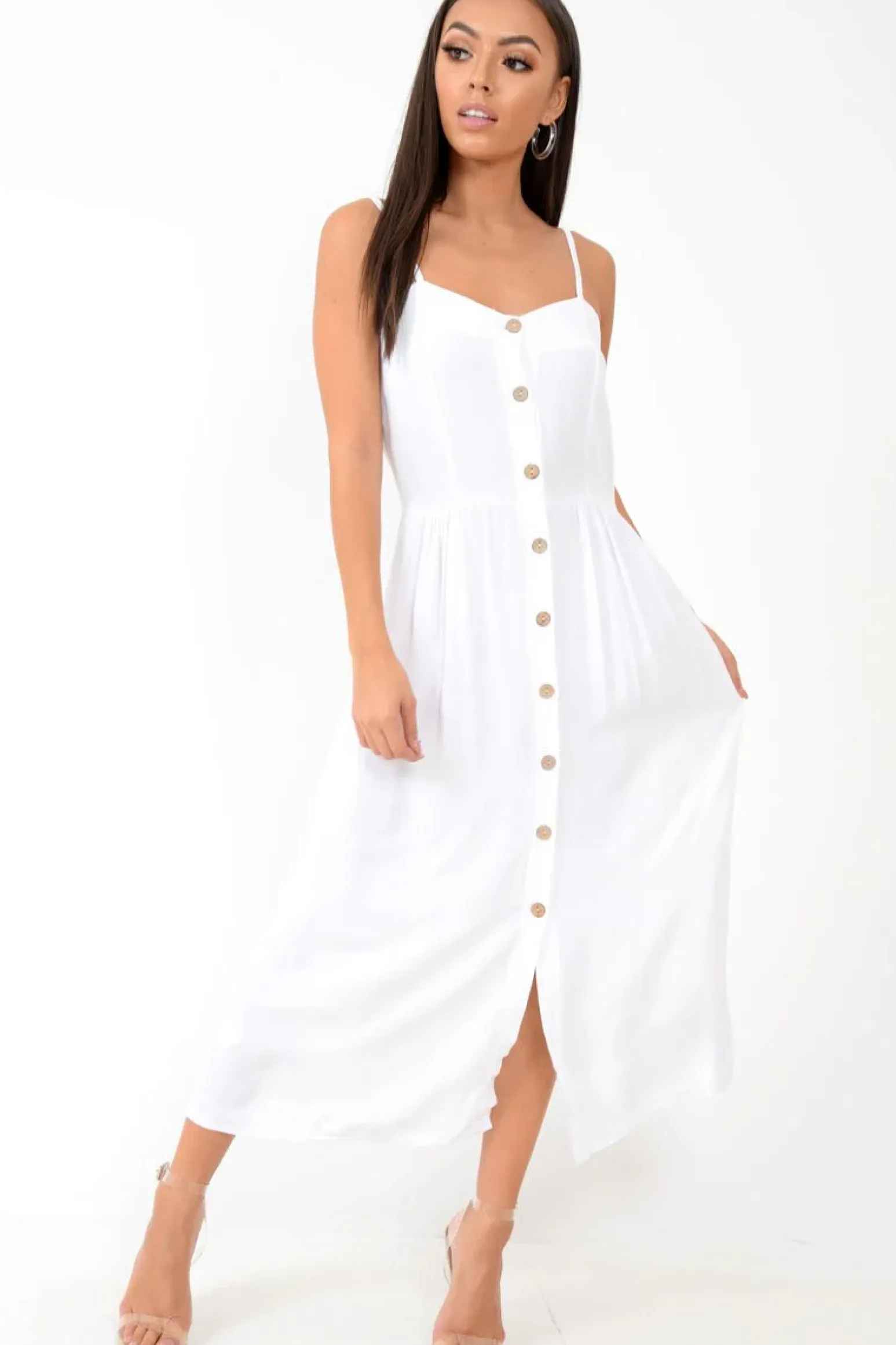 Rebellious Fashion White Strappy Button Down Midi Dress - Shaelee