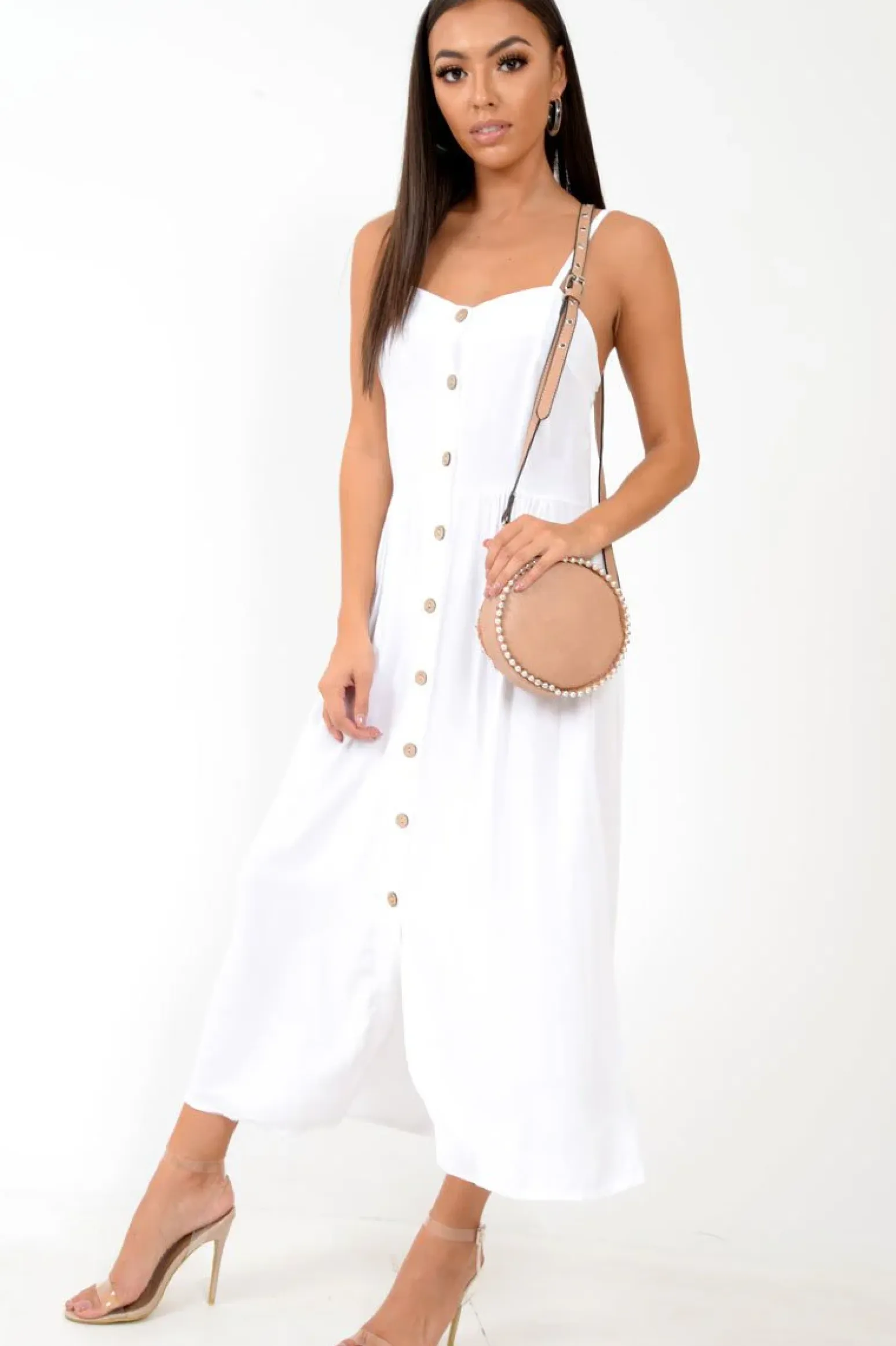 Rebellious Fashion White Strappy Button Down Midi Dress - Shaelee