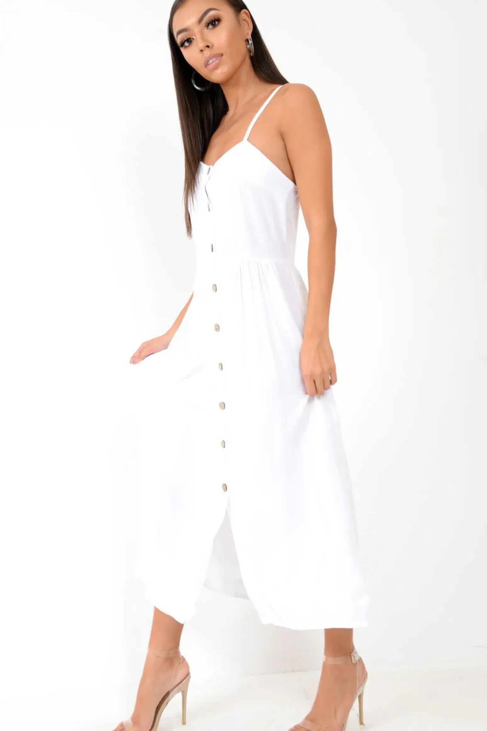 Rebellious Fashion White Strappy Button Down Midi Dress - Shaelee