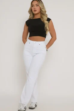 Rebellious Fashion White Stretch Frayed Hem Straight Leg Jeans - Scarlett