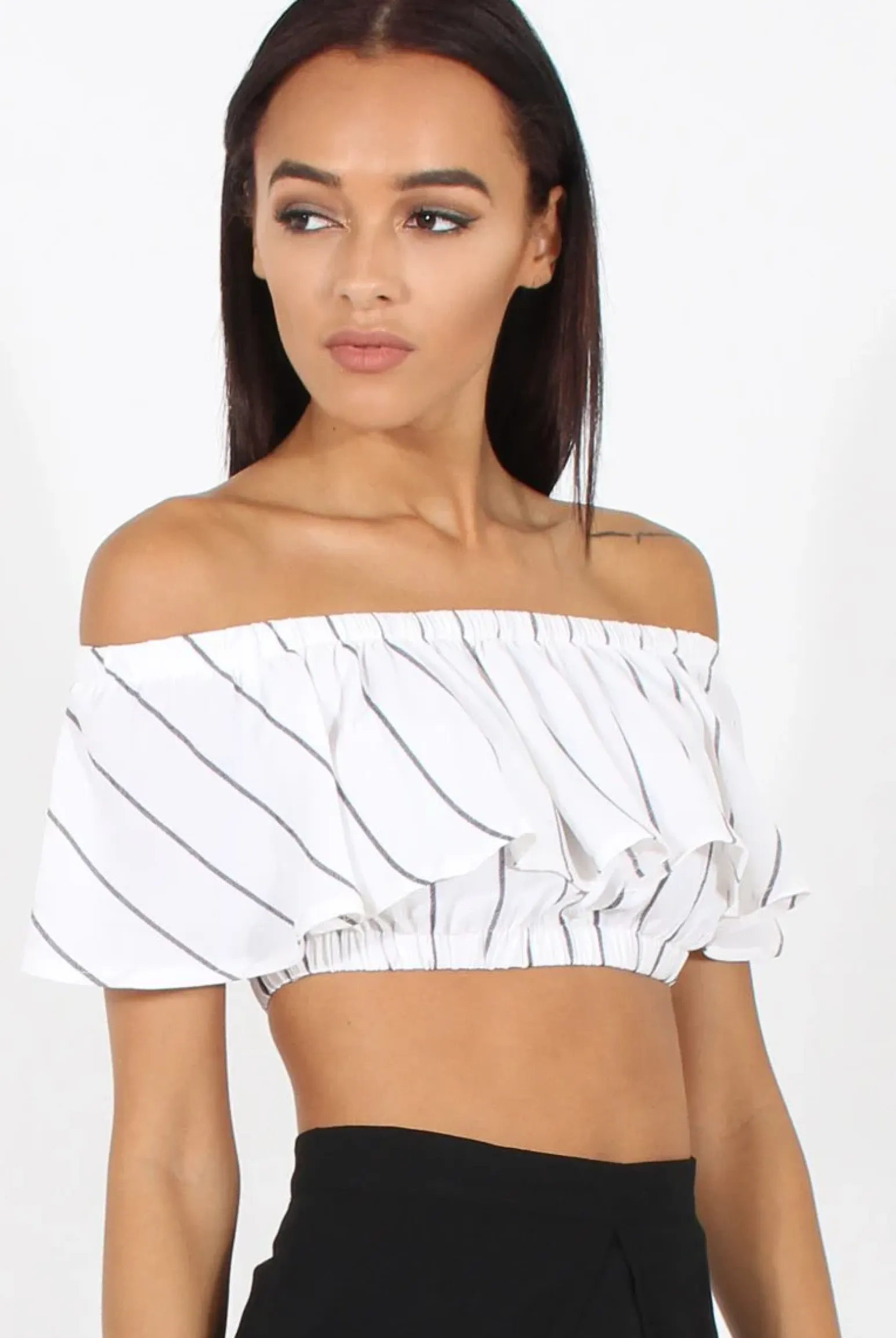 Rebellious Fashion White Stripe Bardot Crop Top - Ciara