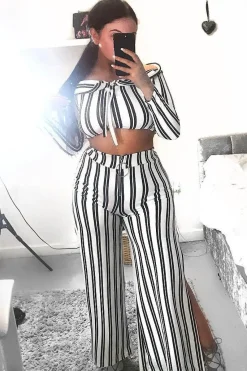 Rebellious Fashion White Stripe Bardot Ruffle Top and Trouser Set - Inas