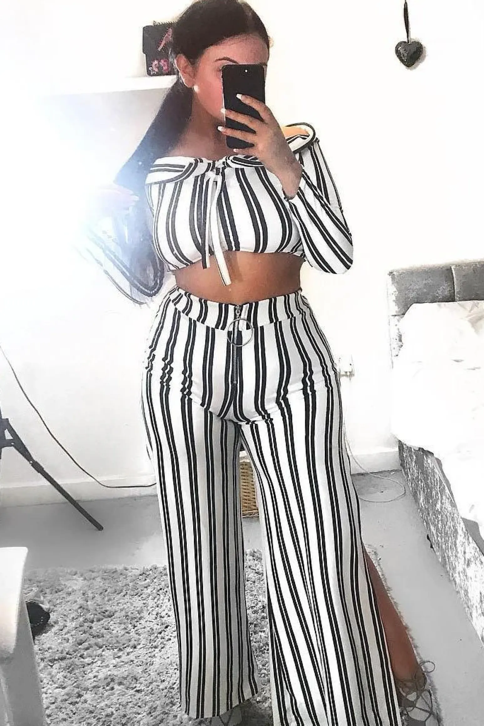Rebellious Fashion White Stripe Bardot Ruffle Top and Trouser Set - Inas