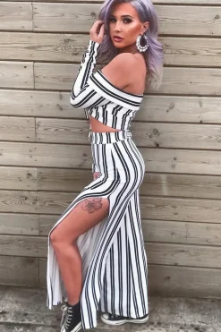 Rebellious Fashion White Stripe Bardot Ruffle Top and Trouser Set - Inas