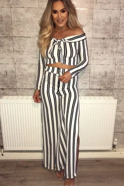 Rebellious Fashion White Stripe Bardot Ruffle Top and Trouser Set - Inas