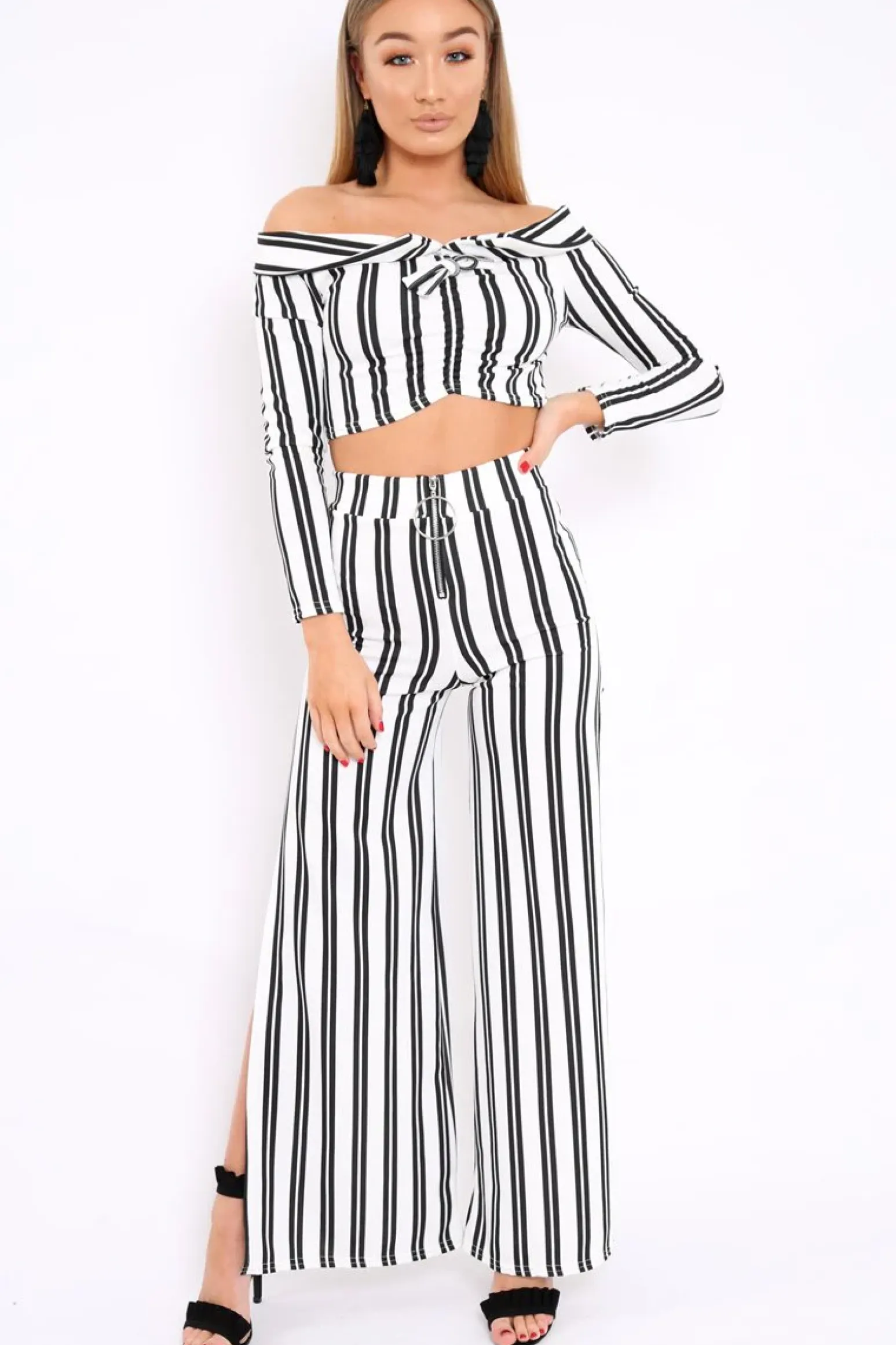 Rebellious Fashion White Stripe Bardot Ruffle Top and Trouser Set - Inas