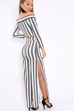 Rebellious Fashion White Stripe Bardot Ruffle Top and Trouser Set - Inas