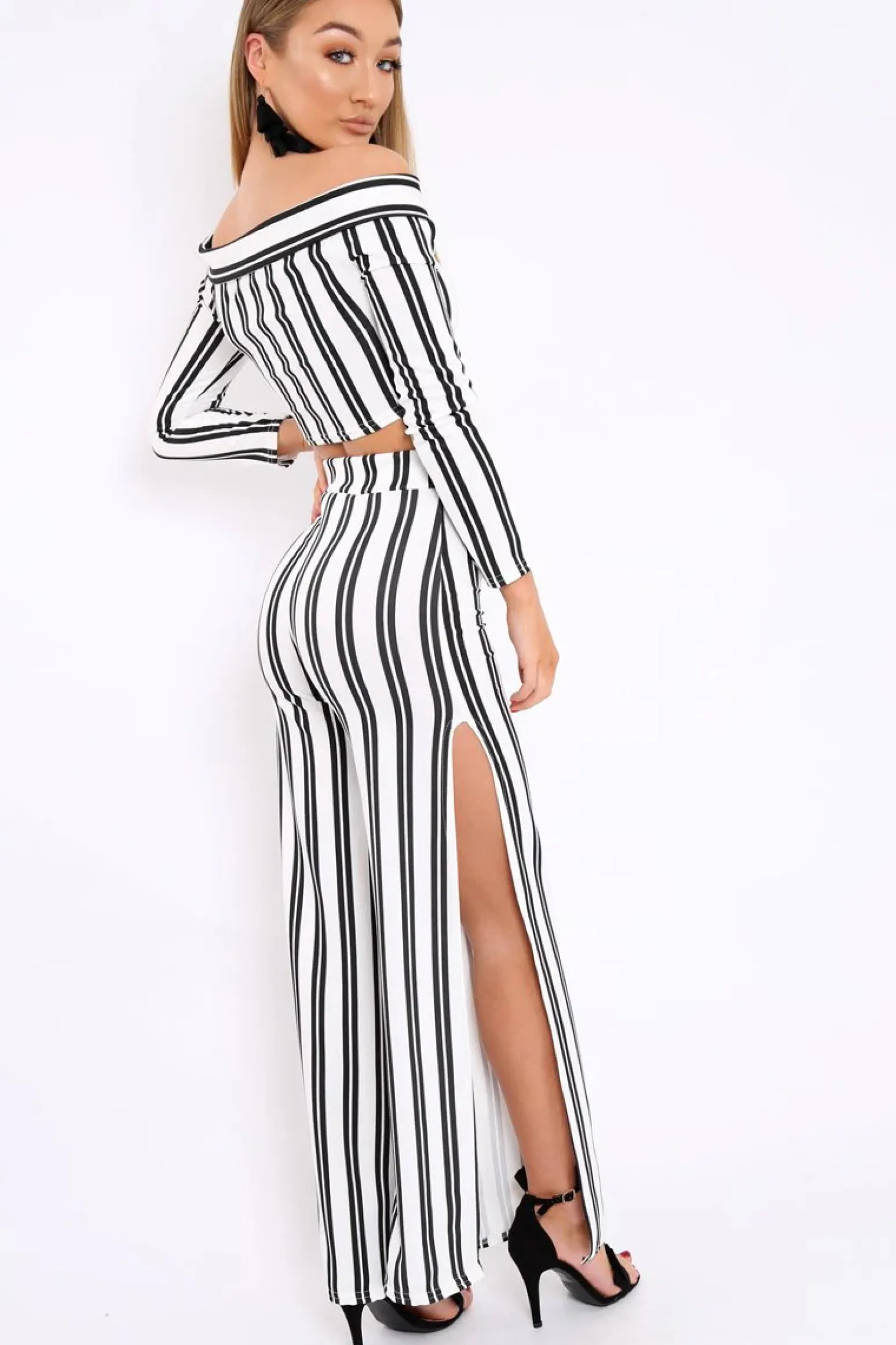 Rebellious Fashion White Stripe Bardot Ruffle Top and Trouser Set - Inas
