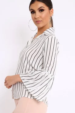 Rebellious Fashion White Stripe Bell Sleeved Shirt - Aairah