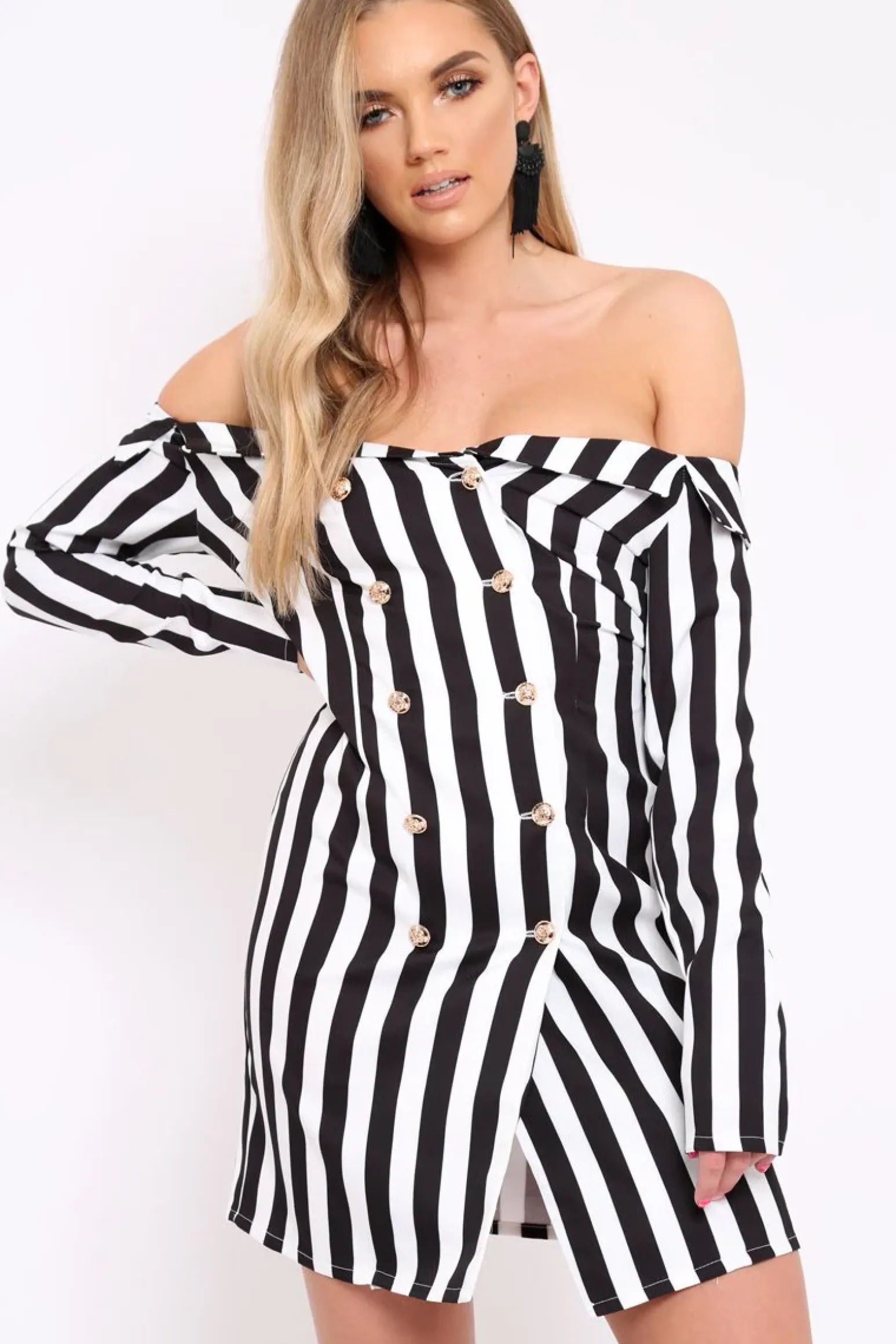 Rebellious Fashion White Stripe Button Detail Blazer Dress - Aaliyana