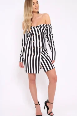 Rebellious Fashion White Stripe Button Detail Blazer Dress - Aaliyana
