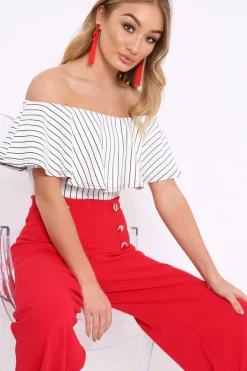 Rebellious Fashion White Striped Bardot Frill Bodysuit - Emmie