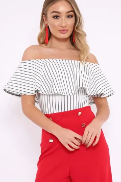 Rebellious Fashion White Striped Bardot Frill Bodysuit - Emmie