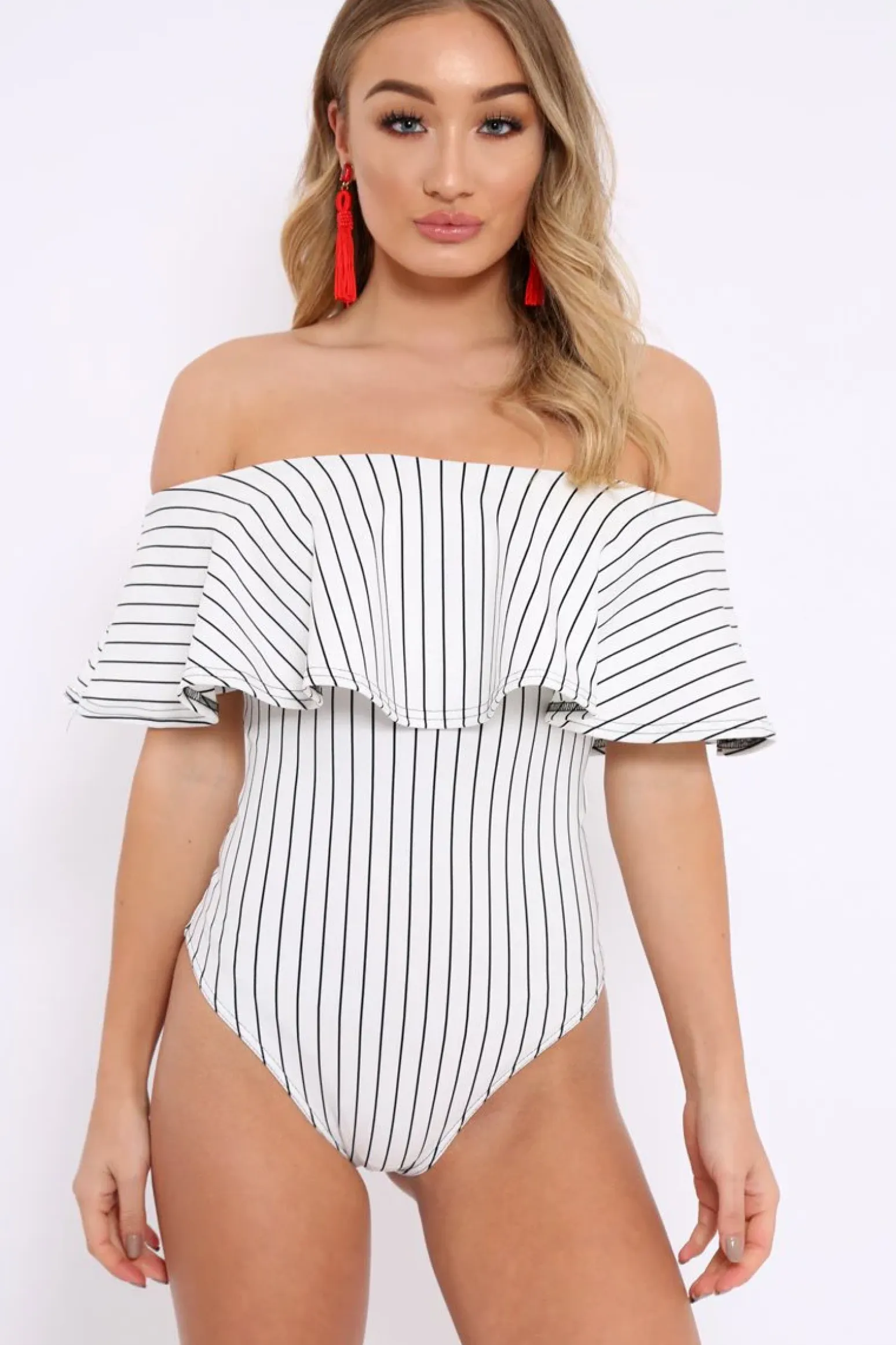 Rebellious Fashion White Striped Bardot Frill Bodysuit - Emmie