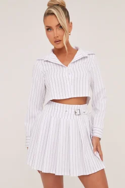 Rebellious Fashion White Striped Button Up Shirt & Pleated Mini Skirt Co-ord Set - Nancy