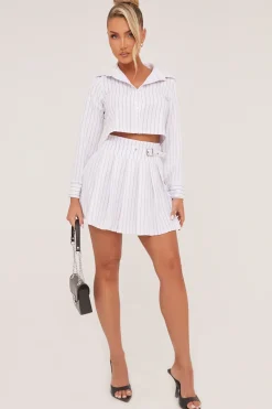 Rebellious Fashion White Striped Button Up Shirt & Pleated Mini Skirt Co-ord Set - Nancy