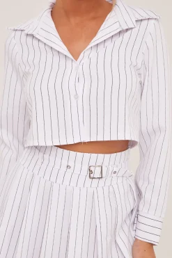 Rebellious Fashion White Striped Button Up Shirt & Pleated Mini Skirt Co-ord Set - Nancy