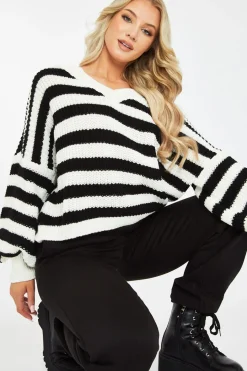 Rebellious Fashion White Striped Chunky Knit Oversized Cardigan - Pedra