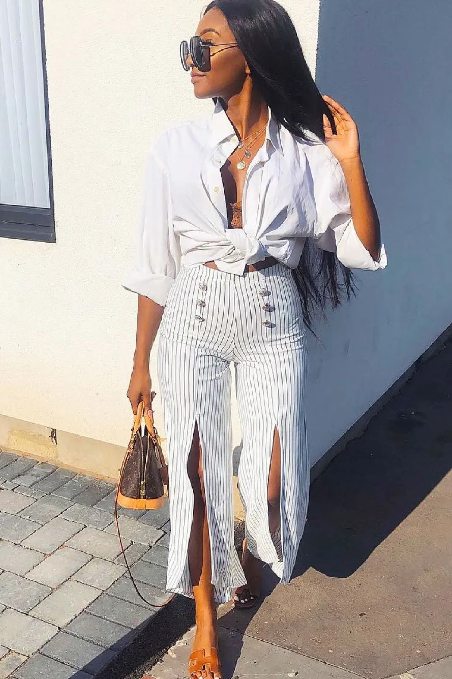 Rebellious Fashion White Striped High Waist Split Front Flare Trousers - Reana