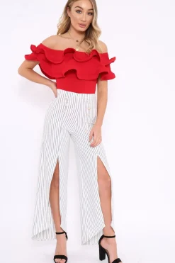 Rebellious Fashion White Striped High Waist Split Front Flare Trousers - Reana