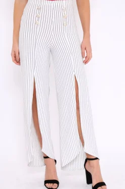 Rebellious Fashion White Striped High Waist Split Front Flare Trousers - Reana