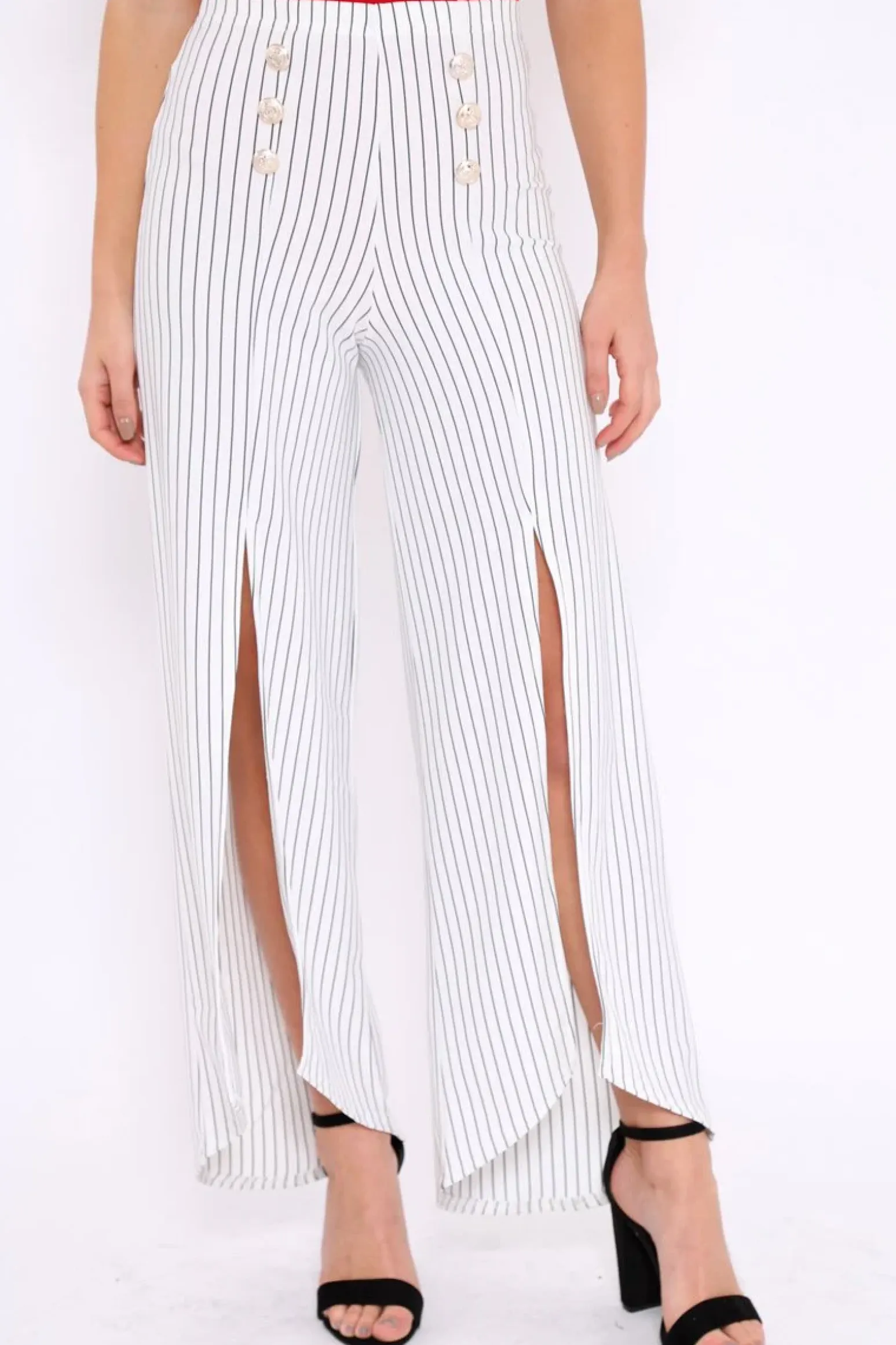Rebellious Fashion White Striped High Waist Split Front Flare Trousers - Reana