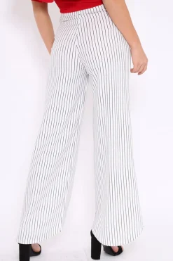 Rebellious Fashion White Striped High Waist Split Front Flare Trousers - Reana