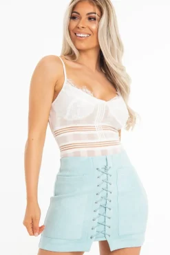 Rebellious Fashion White Striped Lace Detail Cupped Bodysuit - Mollie