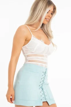 Rebellious Fashion White Striped Lace Detail Cupped Bodysuit - Mollie