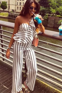 Rebellious Fashion White Striped One Shoulder Ruffle Jumpsuit - Shelley