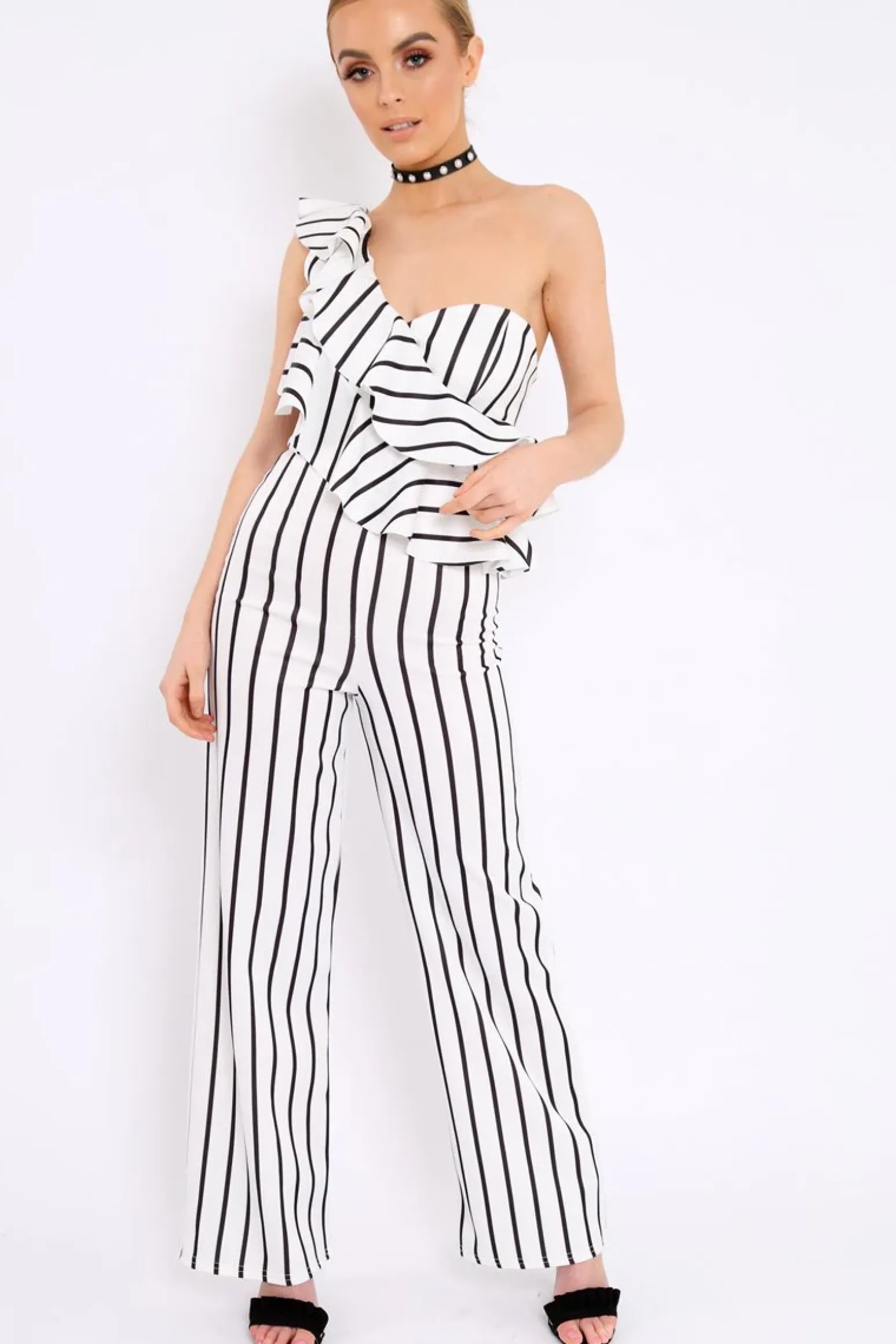 Rebellious Fashion White Striped One Shoulder Ruffle Jumpsuit - Shelley