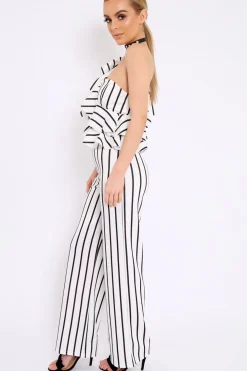 Rebellious Fashion White Striped One Shoulder Ruffle Jumpsuit - Shelley