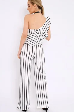 Rebellious Fashion White Striped One Shoulder Ruffle Jumpsuit - Shelley