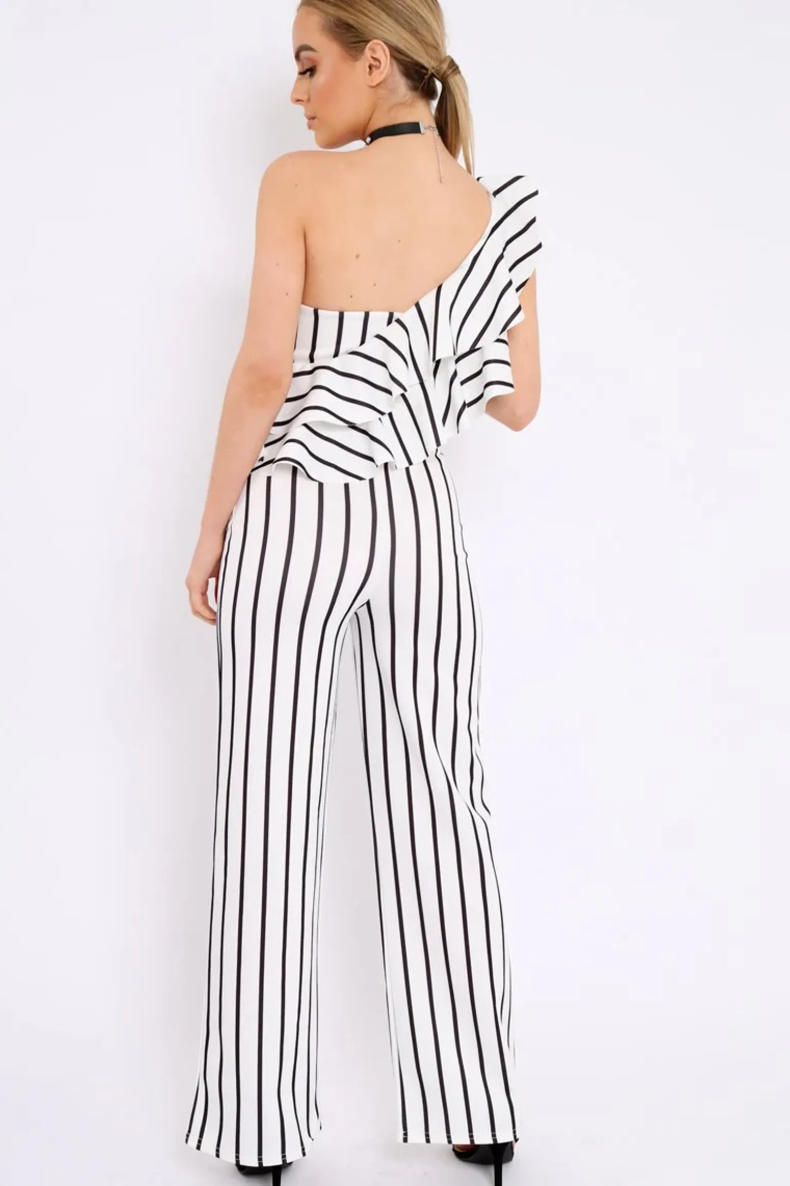 Rebellious Fashion White Striped One Shoulder Ruffle Jumpsuit - Shelley