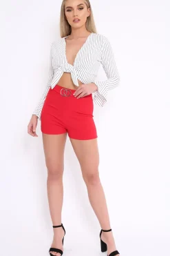 Rebellious Fashion White Striped Plunge Tie Front Flare Sleeve Crop Top - Aimi