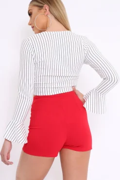 Rebellious Fashion White Striped Plunge Tie Front Flare Sleeve Crop Top - Aimi