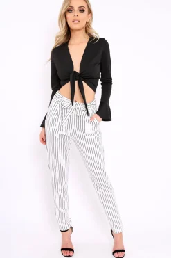 Rebellious Fashion White Striped Tie Waist Cigarette Trousers - Candice
