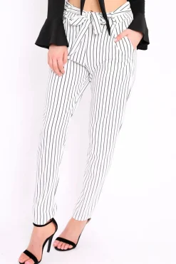Rebellious Fashion White Striped Tie Waist Cigarette Trousers - Candice