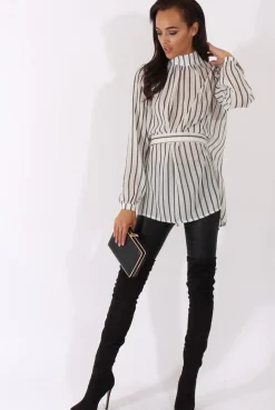 Rebellious Fashion White Striped Tie Waist Open Back Shirt - Carina