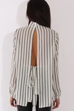 Rebellious Fashion White Striped Tie Waist Open Back Shirt - Carina