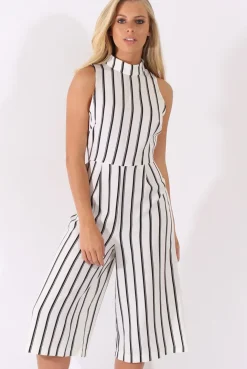 Rebellious Fashion White Stripe High Neck Culotte Jumpsuit - Jordana