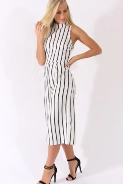 Rebellious Fashion White Stripe High Neck Culotte Jumpsuit - Jordana