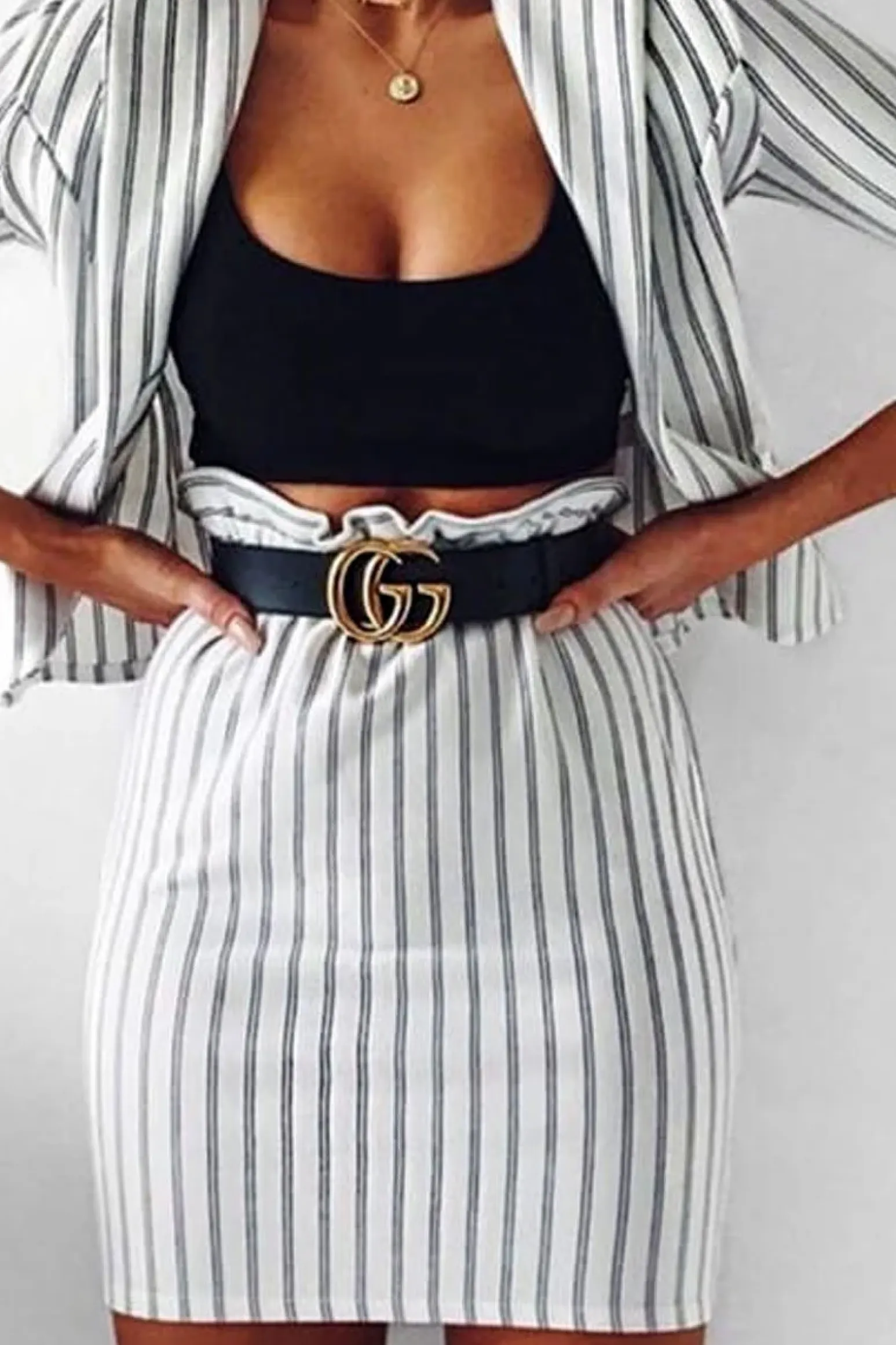 Rebellious Fashion White Stripe Paper Bag Skirt - Tabbie