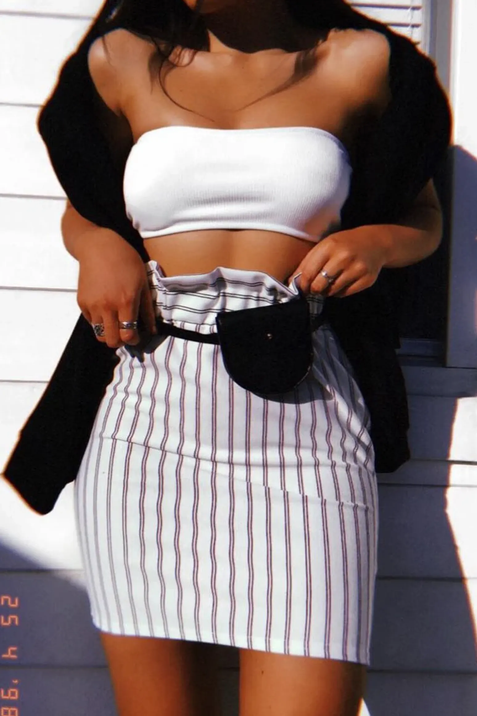 Rebellious Fashion White Stripe Paper Bag Skirt - Tabbie