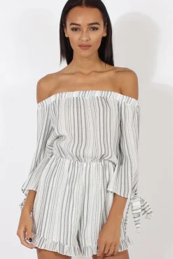 Rebellious Fashion White Stripe Pattern Bardot Playsuit - Katherine